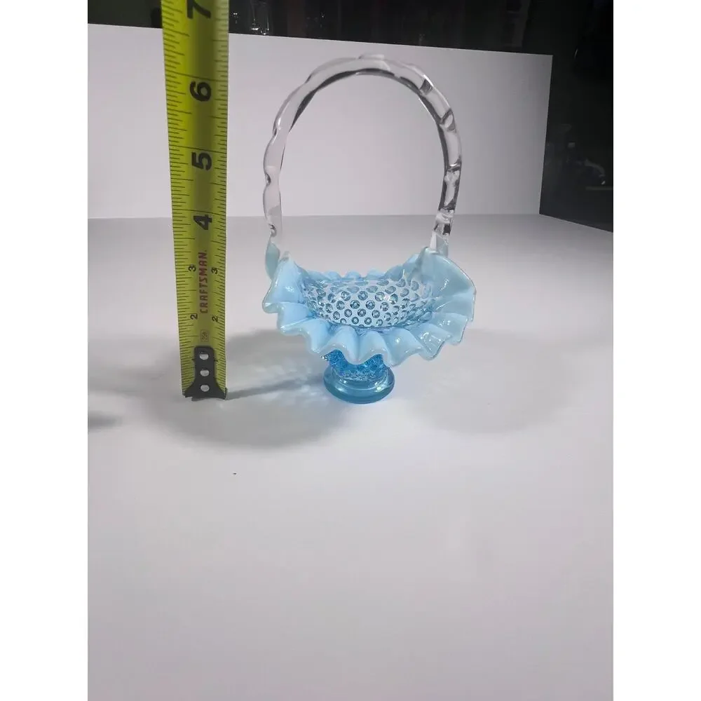 Vintage Fenton Small Hobnail Basket Teal blue with Opalescent Edge